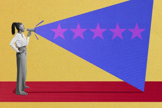 woman stands confidently holding a megaphone, projecting five bright pink stars across a blue spotlight on a yellow background, symbolizing reputation management and the power of online reviews