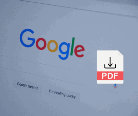 Close-up of the Google homepage with a PDF download icon overlaid. Promotes an educational PDF outlining four major Google updates and why they matter for businesses.