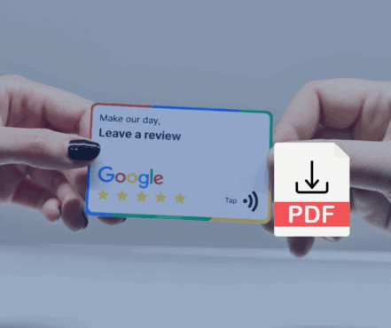 Two hands hold a Google review card that reads “Make our day, Leave a review” with a five-star rating and tap icon. A PDF download icon is overlaid. Promotes an educational PDF for small businesses on how to manage and improve their online reputation.
