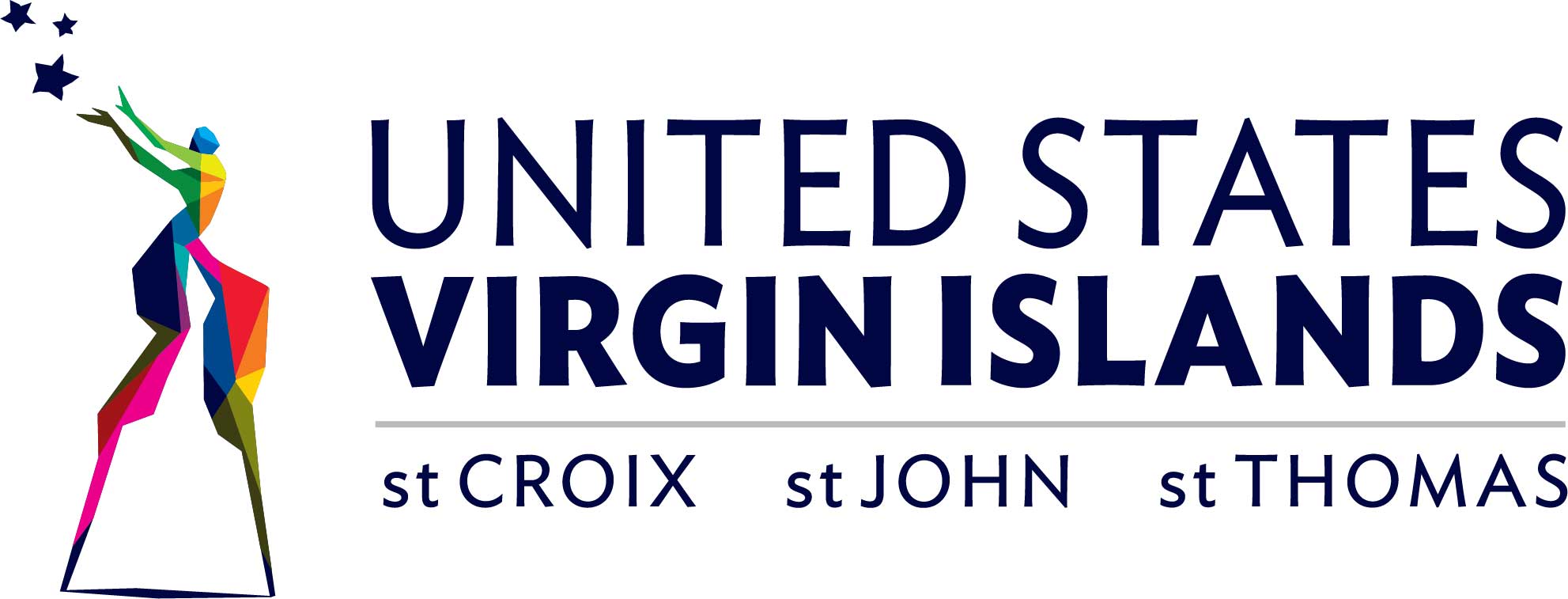 Stylized figure reaching for stars beside the text “United States Virgin Islands” with “St Croix, St John, St Thomas” listed below.