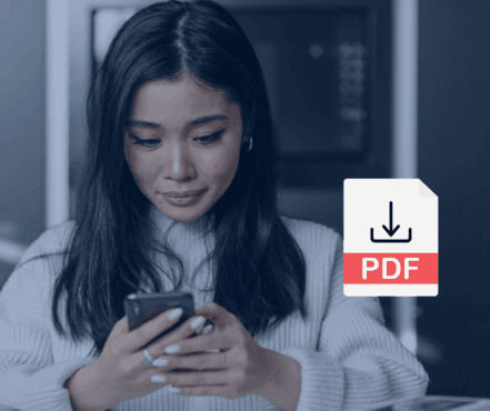 Woman looking at her smartphone with a PDF download icon overlaid in the foreground. PDF opens a Google Video Verification Guide.