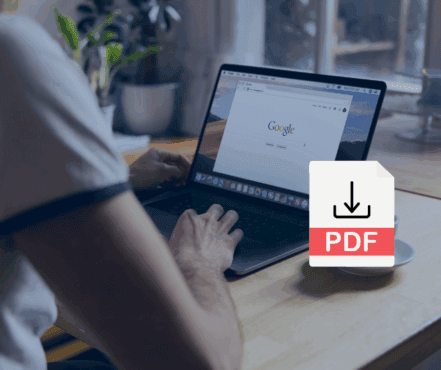 Person using a laptop with Google open on the screen; a large PDF download icon is overlaid in the foreground. The PDF downloads the presentation from a webinar on the basics of Google Business Profiles