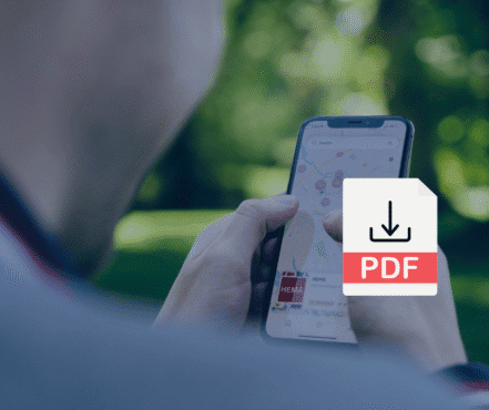 Person holding a smartphone displaying a map app outdoors, with a PDF download icon overlaid on the screen that opens a one page fact sheet on how to verify your Apple Maps listing