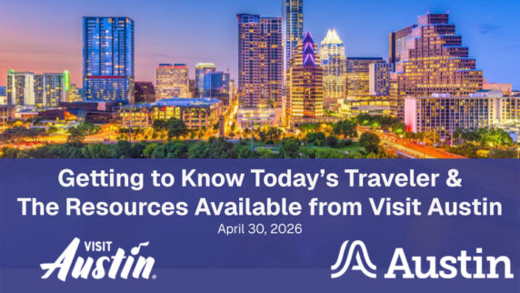 Downtown Austin skyline at sunset with Visit Austin and Austin logos, and event text about traveler resources on April 30, 2026.
