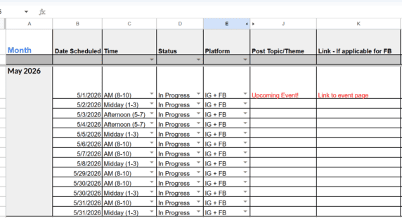 Spreadsheet showing a social media content calendar for May 2026 with dates, times, status, platforms, topics, and event links.