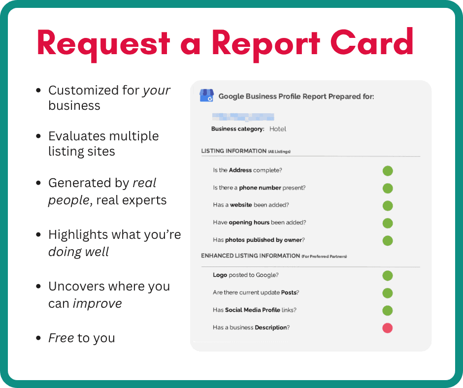 A graphic about requesting a business report card, showing a sample report with evaluated criteria and bullet points explaining its features and benefits.