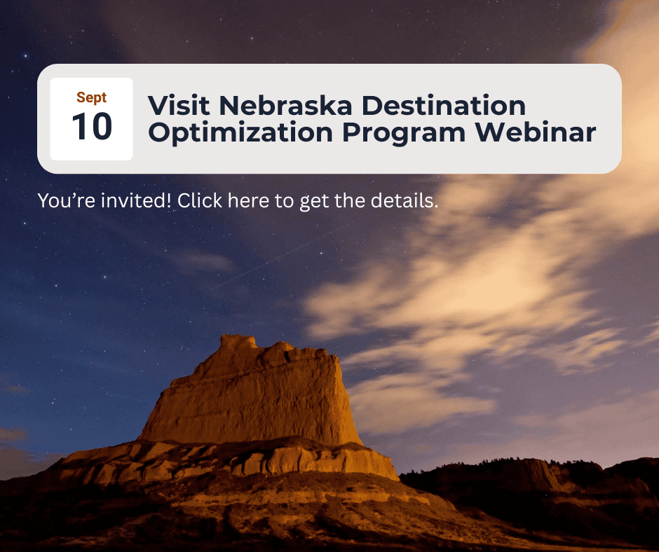 A rock formation under a night sky promotes the Visit Nebraska Destination Optimization Program Webinar on September 10.