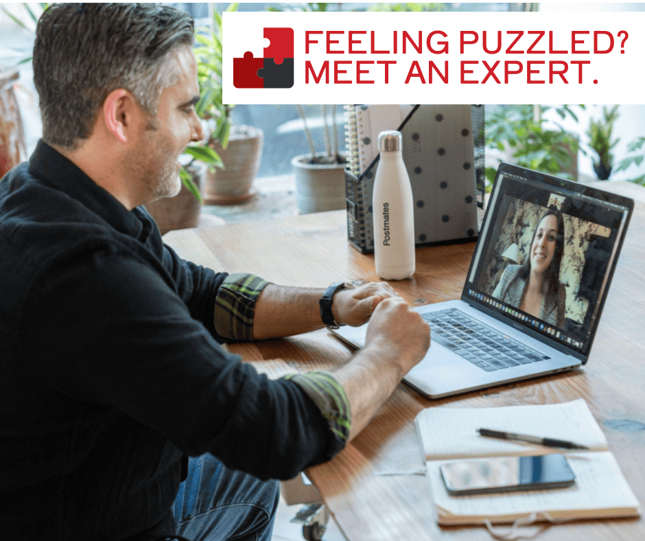 Man sits at desk video chatting with a woman on a laptop; text above reads, “Feeling puzzled? Meet an expert.” Plants, notebook, and water bottle on desk.