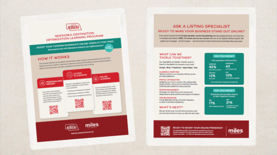 Two informational flyers describe the Nebraska Destination Optimization Learning Program, detailing how it works, its benefits, and contact information, with QR codes visible on both pages.