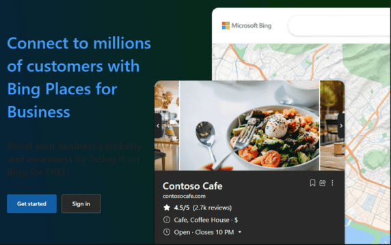 Marketing graphic for Bing Places for Business showing a business profile for “Contoso Cafe” featuring a photo of a salad, location details, and a map background.