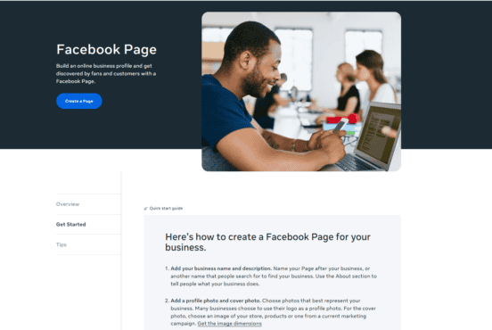 A man smiling while looking at his laptop, next to a Facebook “Create a Page” marketing section and instructions on how to set up a business page.