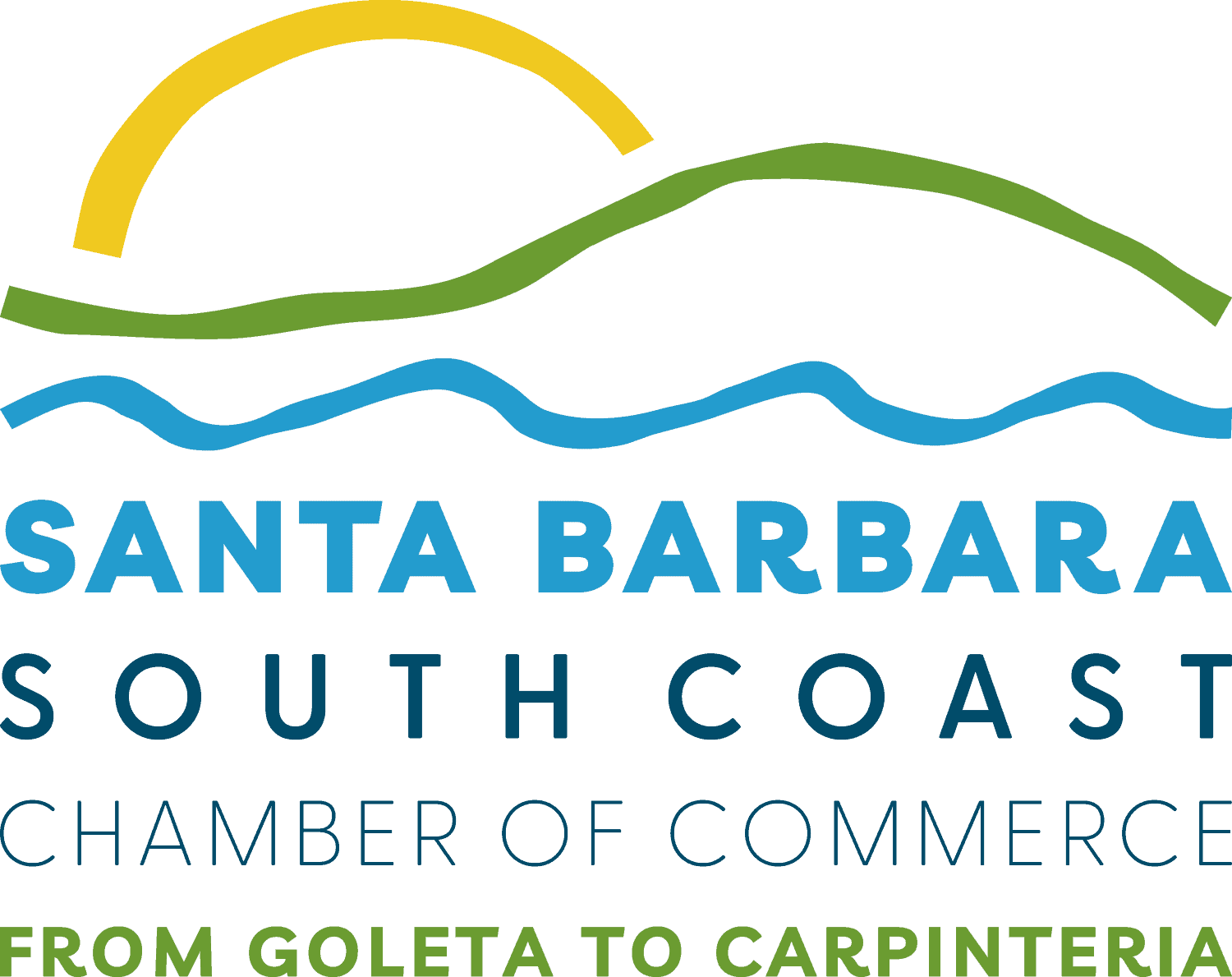 Santa Barbara South Coast Chamber of Commerce logo with stylized sun, hills, and ocean waves. Text reads: “From Goleta to Carpinteria.”.
