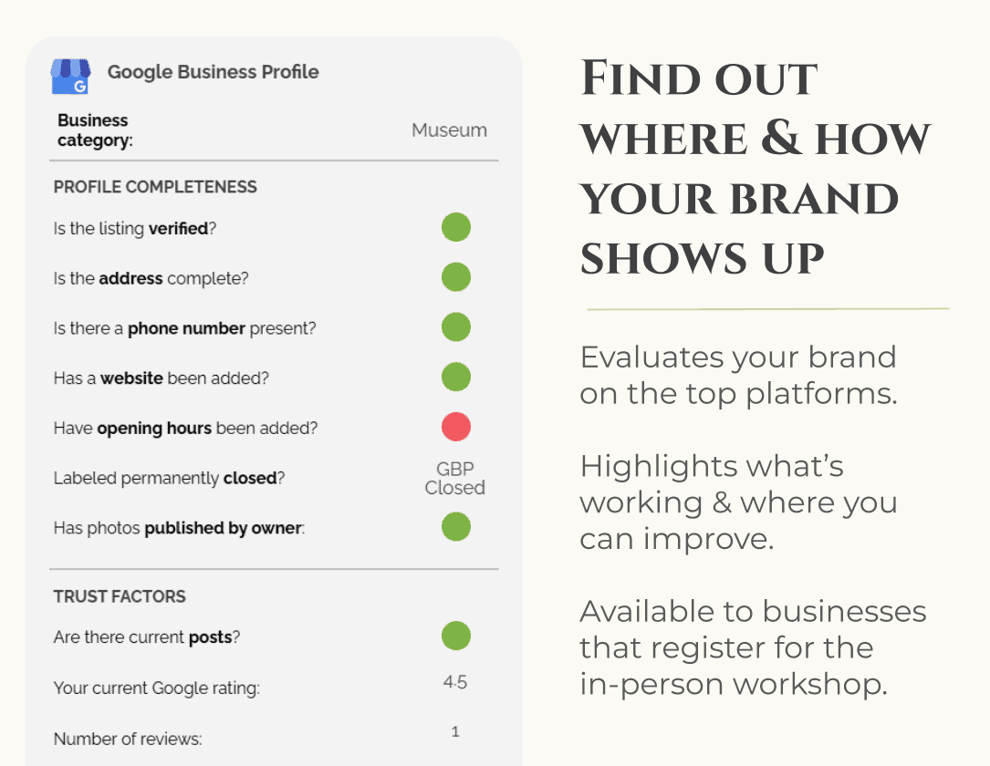 Google Business Profile dashboard with status indicators for verification, contact details, website, hours, and photos. Right side text explains brand evaluation service for workshop participants.