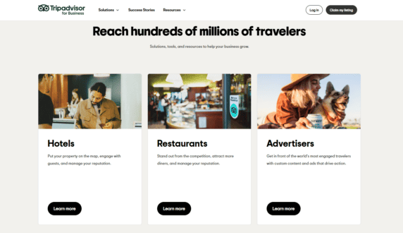 Tripadvisor for Business homepage featuring three categories: Hotels, Restaurants, and Advertisers, each with a brief description and a “Learn more” button.