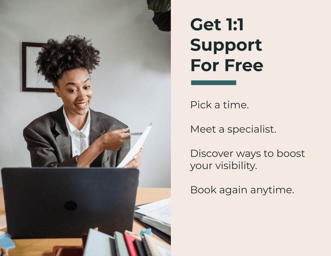 A smiling woman pointing at a document while on a video call, next to text promoting free 1:1 support for boosting visibility.