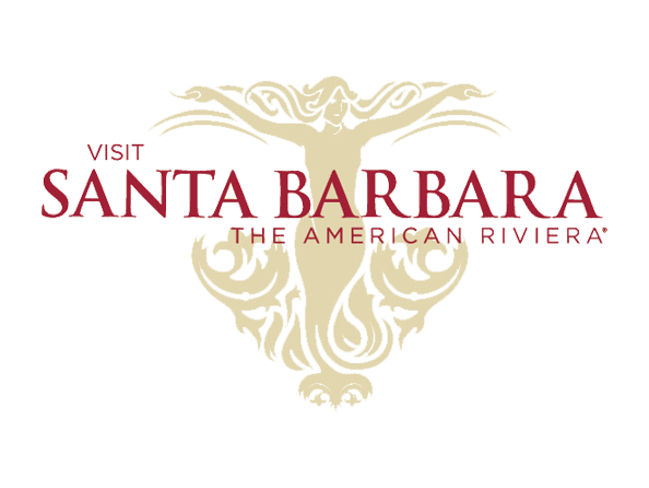 Logo with stylized golden figure and text reading “Visit Santa Barbara The American Riviera” on a white background.