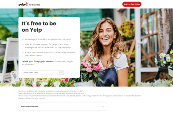 Yelp for business landing page featuring statistics about platform usage and a search bar to claim a free business page.